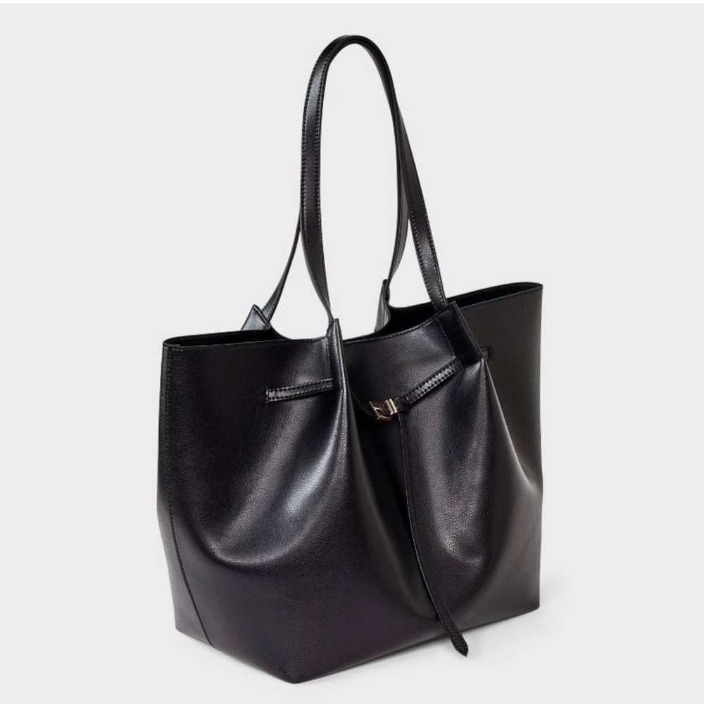 NWOT a new day Black Leather Tote with Drawstring Detail - Picture 3 of 4